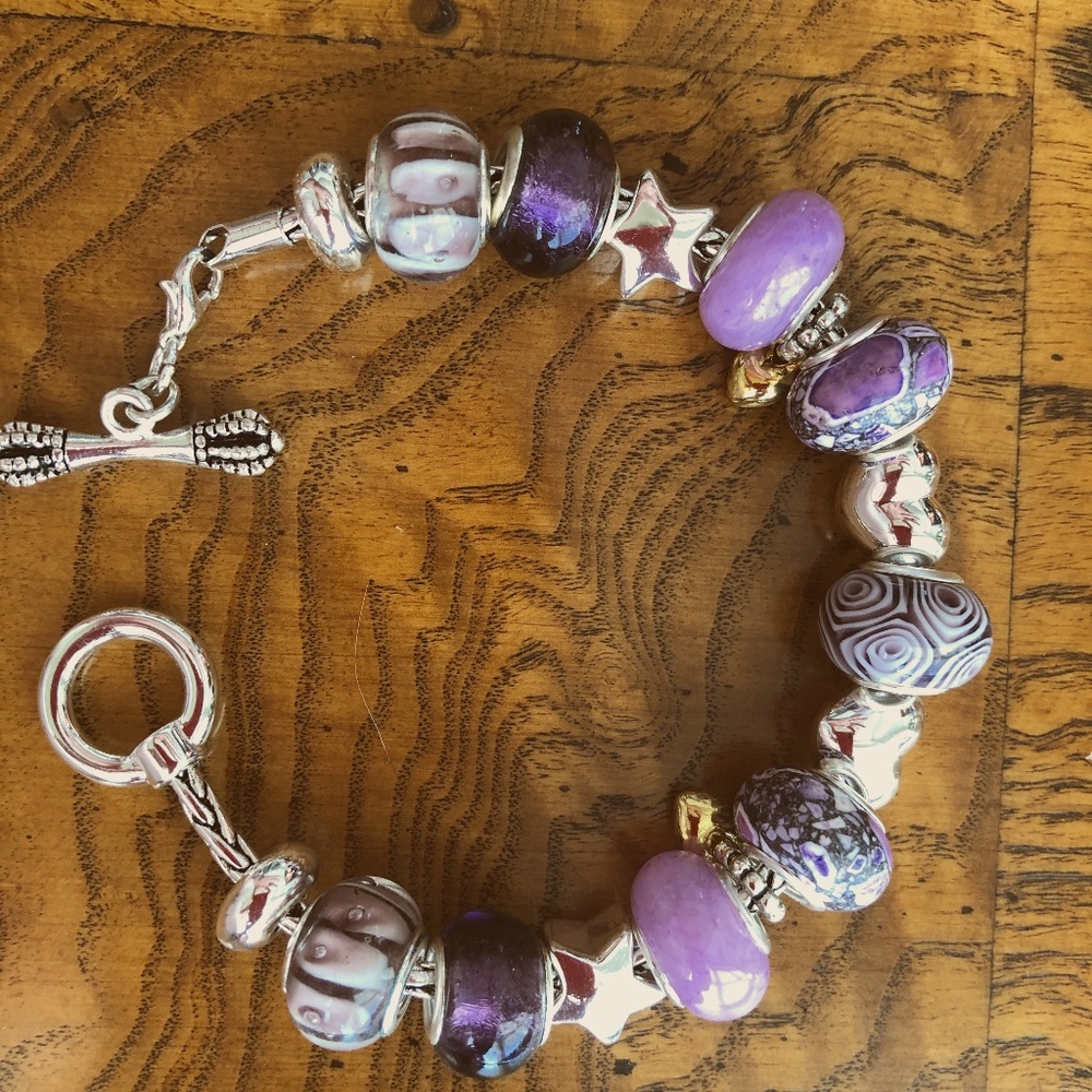 DaVinci purple glass bead and charm silver-tone toggle closure bracelet.